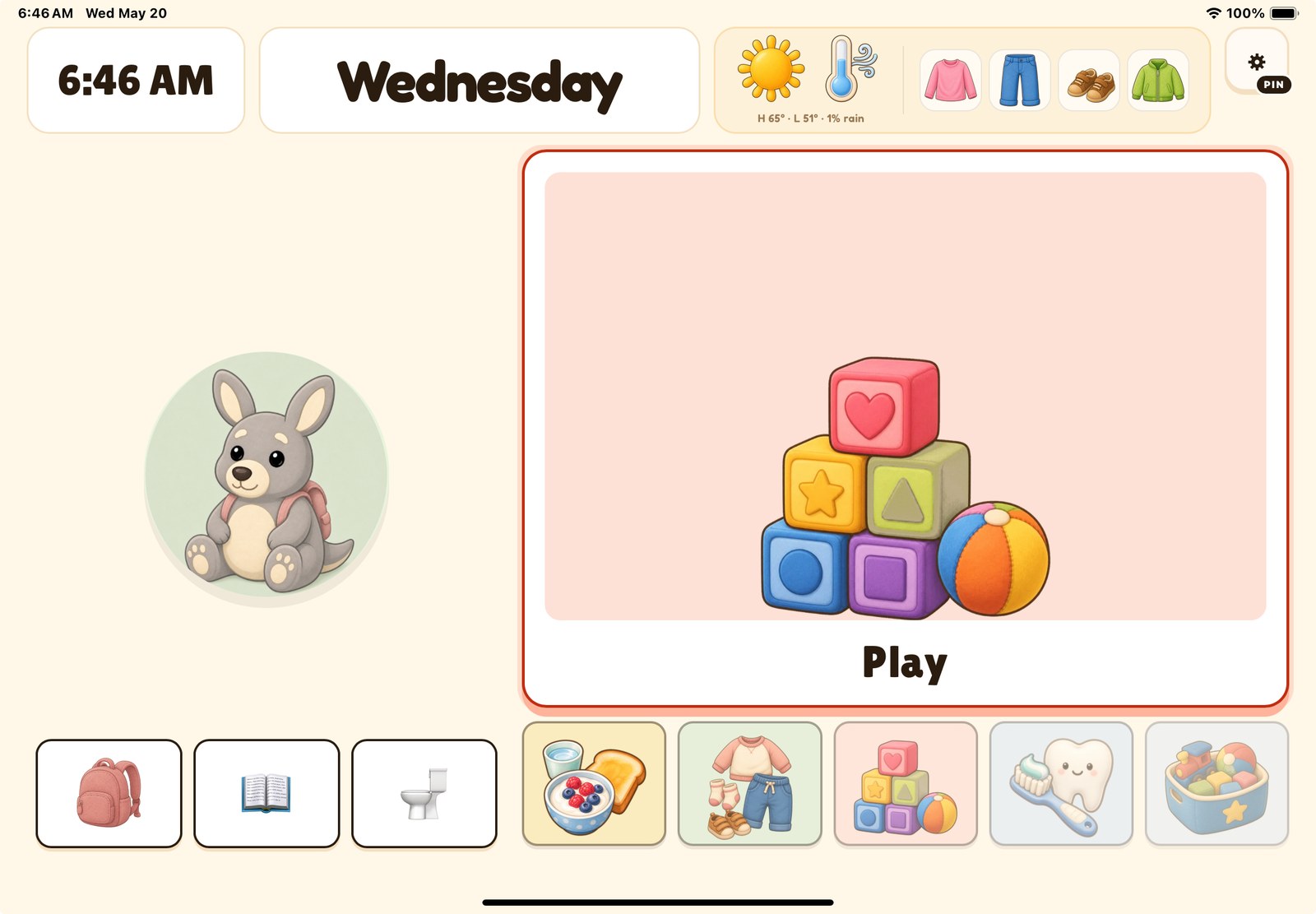 Baby Kangaroo day view on iPad — the day, weather, and suggested outfit up top, with a pictorial routine highlighting the current activity (Play)
