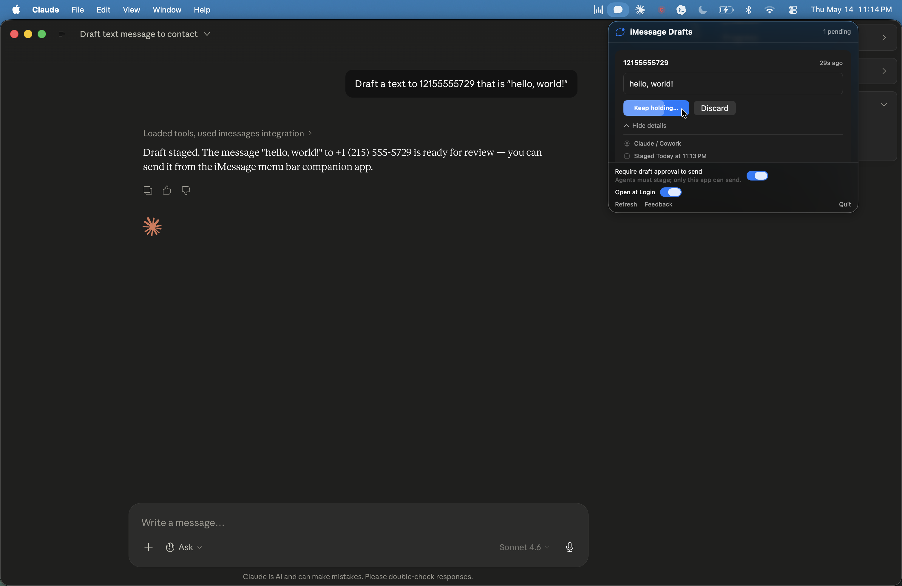 Messages for AI menu bar app on macOS — staged drafts awaiting hold-to-send approval