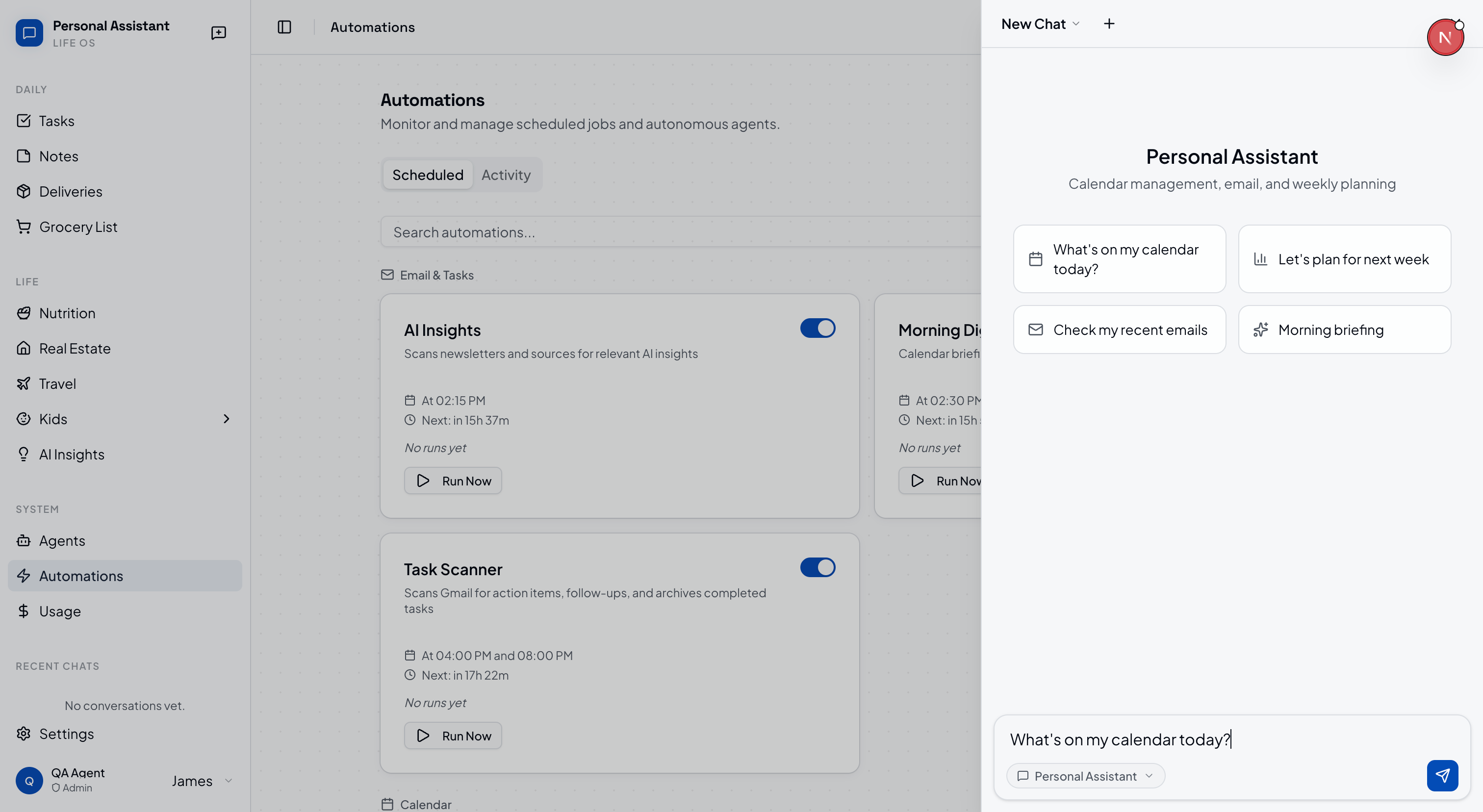 Personal assistant desktop UI with side navigation of tools, Automations UI, and chat