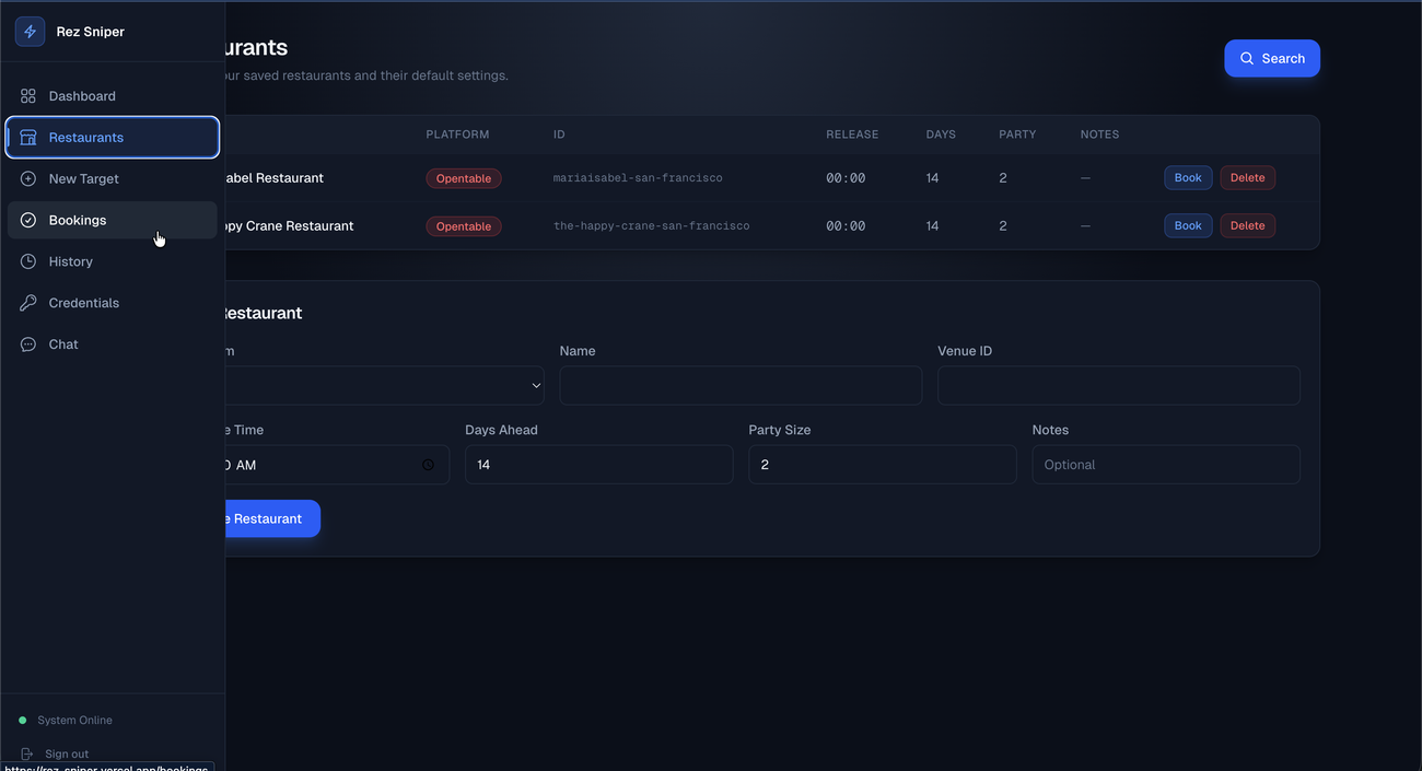 Rez Sniper dashboard — saved restaurant targets with release times and party sizes